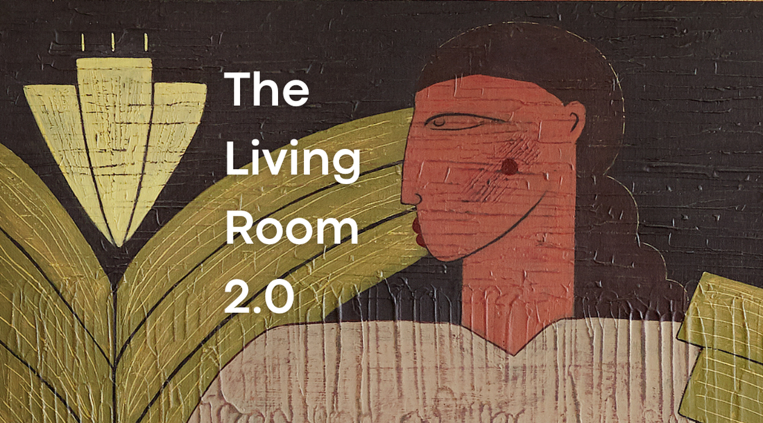 A figuarative artwork with an exotic plant on a textured back ground. with the text The living Room 2.0 on the top of it