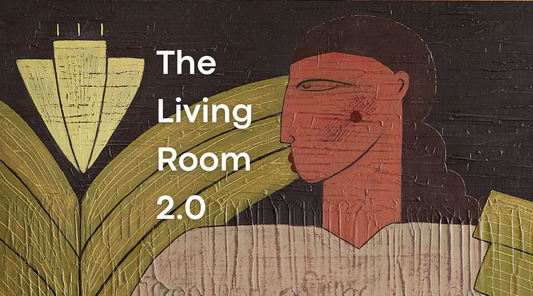 A figuarative artwork with an exotic plant on a textured back ground. with the text The living Room 2.0 on the top of it
