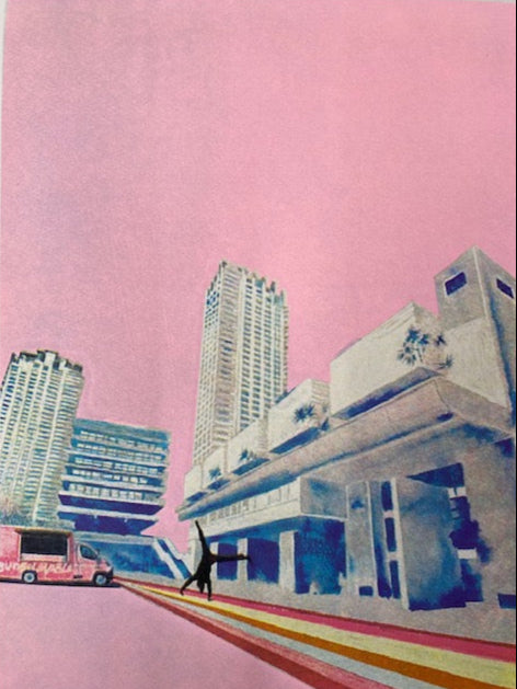 Artistic depiction of a cityscape with modern buildings against a pink sky.