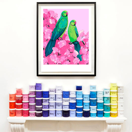 Rose Ringed Parakeets in Pink (Print)
